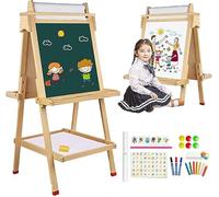 Chevalet pour Enfants en Bois, Chevalet d'art Double Face avec Rouleau de Papier Tableau Blanc et Tableau Noir avec Chiffres et Autres Accessoires pour les enfants à partir de 3 ans