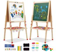 Chevalet pour Enfants en Bois, Chevalet d'art Double Face avec Rouleau de Papier Tableau Blanc et Tableau Noir avec Plateau de rangement pour accessoires Hauteur Réglable pour enfants 3+ ans