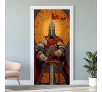 Chevalier Religion Autocollant de Porte 3D, Guerrier Médiévale Papier Peint de Porte Vinyle Auto-Adhésif Amovible, Sticker Mural Étanche, pour Chambre Salon Cuisine Salle de Bain, 63 x 205 cm L4o222