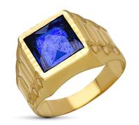 Chevalière creuse en or 9 carats avec une pierre bleue de 9 mm au centre. 52