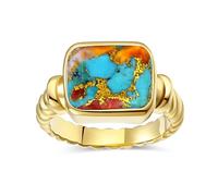 Chevalière en acier inoxydable plaqué or pour homme et femme - Style bohème moderne - Pierre rectangulaire taille émeraude - Bague de déclaration, Pierre, Turquoise compressée