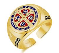 Chevaliere Homme Argent Bague Saint Benoît avec Croix en Argent 925 Or Ajustables Bagues Taille Ajustable Protectrice Bagues Ouvertes Bijoux Cadeau Papa, Mari ou Lui Petit Copain