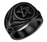 Chevaliere Noir Pentagramme Baphomet Homme Bague Satanique Acier Inoxydable Anneau Taille 64 Bijoux Satan Gothique Biker Vintage Cadeau pour Fan de Rock Femme Ado Garçon