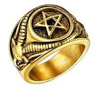 Chevaliere Or Pentagramme Baphomet Homme Bague Prénom Personnalisé Nom à Graver Satanique Acier Inoxydable Anneau Taille 64 Bijoux Satan Gothique Biker Vintage Cadeau pour Fan de Rock Femme Ado Garçon