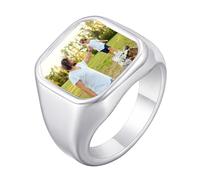 Chevalière pour homme personnalisable avec image en couleur - Bague en acier inoxydable - Gravure personnalisée pour hommes et garçons - Argent - Gravure photographique avec plaque ronde/carrée