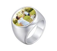 Chevalière pour homme personnalisable avec image en couleur - Bague en acier inoxydable - Gravure personnalisée pour hommes et garçons - Argent - Gravure photographique avec plaque ronde/carrée