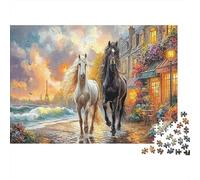 Chevaux à Paris Papier Premium Deux Chevaux sur la Plage au Coucher du Soleil Puzzle à Monter soi-même Jouet éducatif pour débutants 52x38cm/1000 pièces