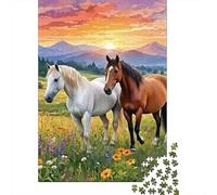 Chevaux dans Champ au Coucher du Soleil Puzzle 1000 Pièces pour Adultes Et Enfants Premium De l'art De La Décoration 52x38cm/1000pcs