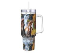 Chevaux des Indiens d'Amérique,Gobelet isotherme Ice Bully de 40 oz avec poignée, couvercle et paille, en acier inoxydable, pour voiture ou café.