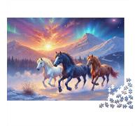 Chevaux galopant Neige 1000 pièces Puzzle pour Adultes Trois Chevaux Courant sous Un Ciel d'aurore au Coucher de Soleil Difficile Premium Robuste Haute qualité soulagement du Stress 52x38cm/1000pcs