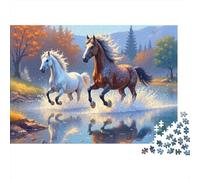Chevaux galopant rivière 1000 pièces Puzzle de Relaxation pour Adultes Deux Chevaux Courant dans Un pré d'automne rêveur Premium Robuste Haute qualité Stimulant soulagement du Stress 38x26cm/1000pcs