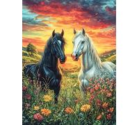Chevaux Noirs et Blancs au Coucher de Soleil 500 Pieces Casse-tête Adolescent en Carton Rigide Anti-Déchirure Difficulté Moyenne Activité Éducative Passe-Temps Cadeau Anniversaire 500 PCS