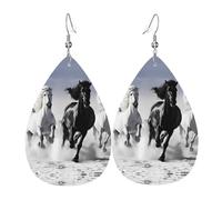 Chevaux noirs et blancs qui courent cette boucle d'oreille en cuir ressemble à un pendentif goutte d'eau, tendance et polyvalente, hypoallergénique, taille unique