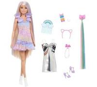 Barbie Poupée Fun & Fancy avec accessoires, poupée blonde avec cheveux extra-longs et 2 tenues, dont une robe argentée métallisée, et une extension de cheveux, JCT72