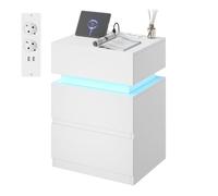 Chevet avec Station de Charge - WOLTU Table de nuit - LED, 2 Prises, 2 Ports USB, 2 Tiroirs, 1 Casier - Blanc