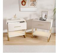 Chevet de lit Lot de 2 en Velours Beige, Table de Chevet avec 2 Tiroirs, Meuble de Chevet avec lumière LED, Table d'Appoint Salon