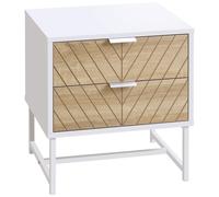 Chevet Table De Nuit Style Graphique - 2 Tiroirs Façades Chevrons - Acier Blanc Aspect Bois Clair Blanc