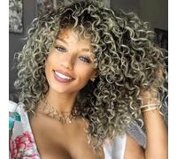 Cheveux bouclés Perruques pour femme noire,bouclés perruque, crépus frisés Afro Perruques Cheveux humains Fluffy complète synthétique Perruques (brune/blonde claire)