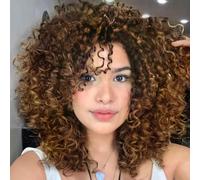 Cheveux bouclés Perruques pour femme noire,bouclés perruque, crépus frisés Afro Perruques Cheveux humains Fluffy complète synthétique Perruques (Ombre brun blond)