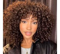 Cheveux bouclés Perruques pour femme noire,bouclés perruque, crépus frisés Afro Perruques Cheveux humains Fluffy complète synthétique Perruques (Brun foncé)