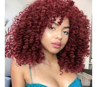 Cheveux bouclés Perruques pour femme noire,bouclés perruque, crépus frisés Afro Perruques Cheveux humains Fluffy complète synthétique Perruques (Rouge bourguni)