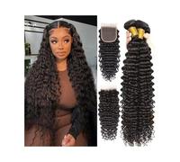 Cheveux Bundles Bouclés Faisceaux de Cheveux Humains avec Fermeture Vague Profonde Dentelle 4x4 Cheveux Vierges Brésiliens(12 12closure10)