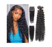 Cheveux Bundles Brésilien Faisceaux de Cheveux Humains avec Fermeture Extensions de Vague Profonde Armure Naturel Noir Remy Dentelle Frontale pour les Femmes Noires (6" x 6", 20 20 22with18)