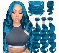 Cheveux Bundles Cheveux Humains Bundles avec Fermeture Péruvienne Remy Cheveux Bleu Corps Vague 3 Faisceaux Armure Extensions (4" x 4",28 and18)