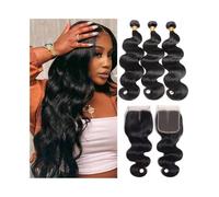 Cheveux Bundles Vague de Corps avec Fermeture 4x4 Double Chaîne Extensions de Cheveux Humains Naturel Ligne Remy Lacet(14 14 14 Fermeture 12)