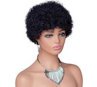 Cheveux humains afro courts crépus bouclés for femme, perruque complète et moelleuse, coupe Pixie noire, cheveux naturels sans colle for un usage quotidien(6 inch)
