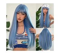 Cheveux humains Blue Highlight Cosplay Perruques de Cheveux Synthétiques Longue Ligne Droite Coloré Halloween Perruque avec Frange for les Femmes Afro Résistant À La Chaleur