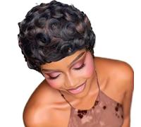 Cheveux humains bouclés coupe lutin de 6 pouces, perruques courtes en couches avec frange, perruque de cheveux complets sans colle for les femmes noires(Light Brown)