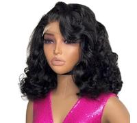 Cheveux humains ondulés courts noirs, perruque avant en dentelle HD