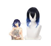 Cheveux mi-longs pour hommes Noir dégradé bleu Perruques Parti-accueil Anime Cosplay Demon Slayer-Hashibira Inosuke