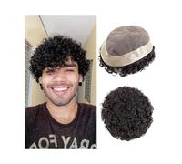 Cheveux Postiche bouclé de 20 mm for homme, avec revêtement PU autour des cheveux humains, prothèse capillaire masculine Perruques quotidiennes(#1B,5x7)