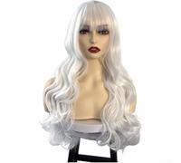 Cheveux synthétiques longs bouclés aspect naturel 220 g (blanc pur) | Fibre de haute qualité résistante à la chaleur, texture soyeuse, naturelle pour une brillance, 76 cm de long, blanc pur