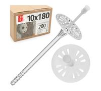 Cheville Isolation 10x180 mm, 200 pcs - Isolation Thermique façade, Fixation Panneau EPS WDVS, Cheville à Frapper Plastique avec rondelle, Fixation polystyrène Longue Isolant ITE ETA