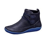 Cheville pour Femmes sans Arc Support côté Fermeture éclair Bottines à Talon Plat Vintage Bottes d'amortissement en Cuir