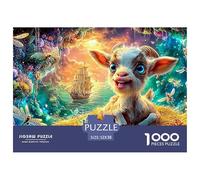 Chèvre Souriant sur Le Foin avec des libellules et du Navire Puzzle De 1000 Pièces Monceaux de rêve Puzzles Classiques pour Toutes Les Âges 52x38cm/1000pcs