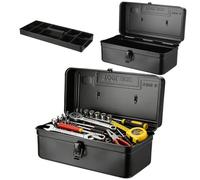 Chewtoyo Boîte à outils en métal avec séparateurs amovibles en plastique, 36,1 x 17,3 x 16,5 cm, loquet verrouillable, finition noire, pour fournitures de bricolage, organisation de garage, projets de