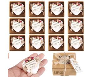 Chewtoyo Lot de 12 savons en forme de cœur, parfumés à la main pour mariages, fêtes prénuptiales et goûters, avec étiquette de remerciement et rose séchée, emballés dans une boîte en papier kraft
