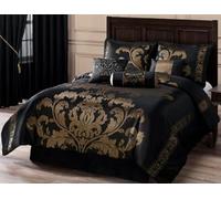 Chezmoi Collection 7 pièces Royale Jacquard Floral Doudou Set, Full/Double, Noir/doré