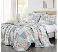 Chezmoi Collection Abbi Parure de lit 3 pièces en Coton prélavé Style Shabby Chic pour très Grand lit, Couvre-lit Floral à Volants Patchwork pour très Grand lit