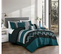 Chezmoi Collection Arden Parure de lit 7 pièces Moderne à Rayures plissées brodée en Zigzag (Grand lit, Bleu Sarcelle/Noir/Gris)