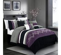 Chezmoi Collection Arden Parure de lit 7 pièces Moderne à Rayures plissées brodée en Zigzag (lit Double, Violet/Noir/Gris/Blanc)