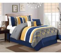 Chezmoi Collection Arden Parure de lit Moderne 7 pièces à Rayures plissées brodées Motif Zigzag King Size Bleu Marine/Gris/Jaune/Blanc