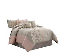 Chezmoi Collection Linnea Parure de lit 7 pièces avec Broderie Florale de Cerisier, Taupe poudré, Grand lit