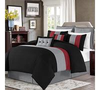 Chezmoi Collection Loft Parure de lit 8 pièces à Rayures (lit Double, Rouge/Noir/Gris)
