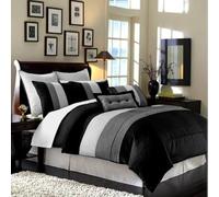 Chezmoi Collection Loft Parure de lit de Luxe 8 pièces à Rayures Noir Gris Blanc Queen Size