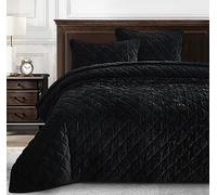 Chezmoi Collection Lux Black Velvet Quilt Queen Set, 3-Piece Lush Plush Distressed Velvet Bedding All Season Lightweight Comforter Brushed Microfiber Reverse with Diamond Stitch Quilting